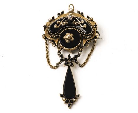 A Victorian and later gold and enamel pendant cum brooch, the shaped top set with black enamel panels and pearls with link ch