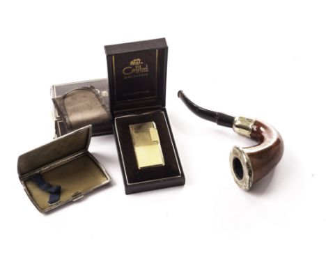 A ‘Sherlock Holmes’ style Calabash pipe with silver mounts, together with a silver cigarette case hallmarked for Birmingham 1