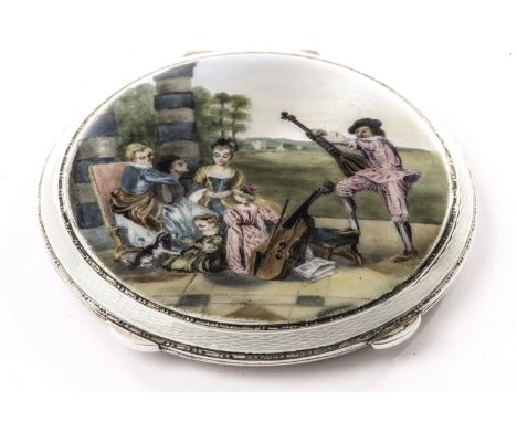 A modern silver and enamel compact, the circular case having scene of musician and his audience in country setting, with engi