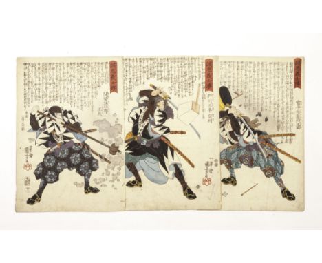 After Utagawa Kuniyoshi (1797-1861) three Edo period prints from the legendary ’47 Ronin’ series of woodblock prints, produce