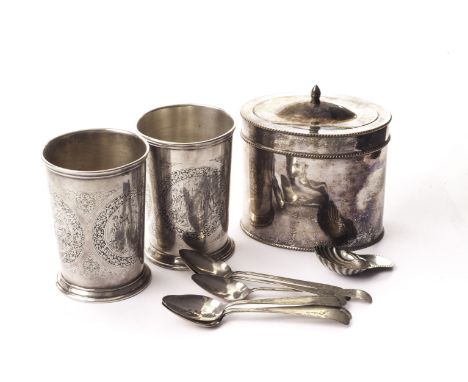 A Victorian Sheffield plate tea caddy, together with two engraved plated beakers, a plated shell caddy spoon, five bright cut
