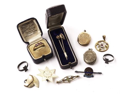 A small group of gold, silver and other vintage jewellery, to include two stick pins, a gem set pendant, AF, a gold and three