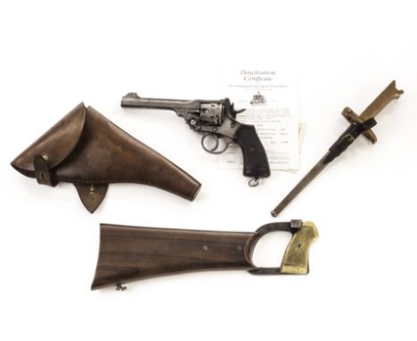 A deactivated WWI officers Webley Mark VI revolver with shoulder stock and bayonet, the .455 calibre hand gun numbered 416040