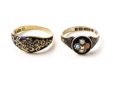 A Victorian 18ct gold blue enamel and pearl mourning ring, together with a 9ct gold mourning ring with two pearls, coral and 