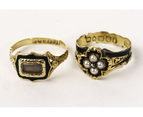 Two George IV 18ct gold and enamel mourning rings, one with four pearls to the tablet centred with a rose cut, the other with