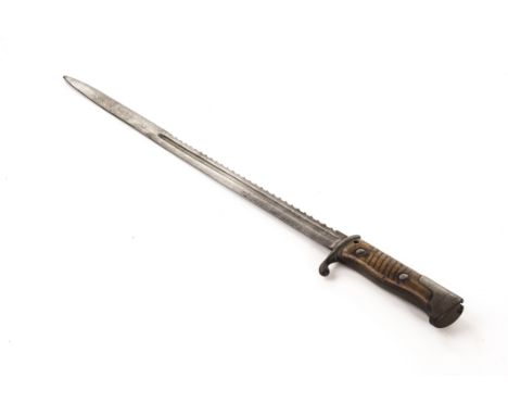 A German WWI Efurt M1898 sawback bayonet, with wooden grip and with the blade stamped with the maker’s name beneath a crown, 