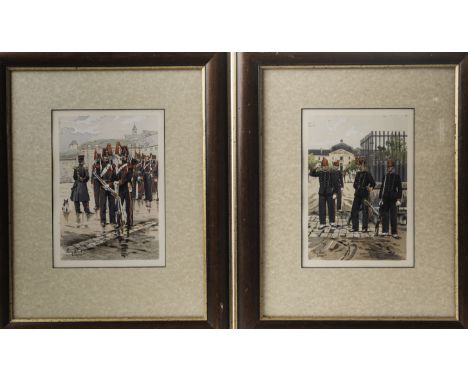 A collection of eight lithograph prints after Pierre Albert Leroux, each of the hand coloured prints depicting scenes of Fren