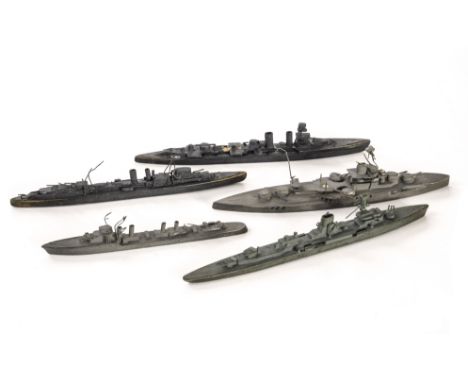 Of WWII RAF interest: A group of five waterline battle ship models, the 1/1200 scale believed to have been used on plotting c