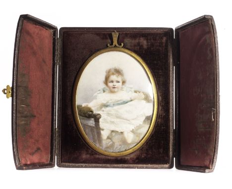 A late Victorian portrait miniature by Mabel Lee Hankey RMS, the large oval portrait of a baby, signed, in gilt frame, engrav