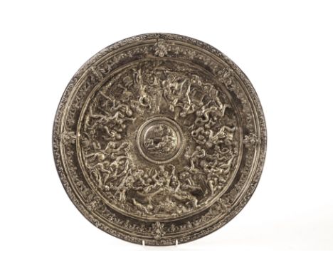 A large French silver charger, bearing strike marks and marked 800, having central medallion of Venus in embossed surround of