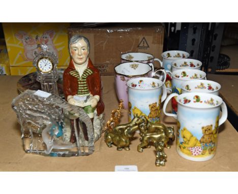 Pair of Royal Albert bone china mugs, together with six Playtime teddy mugs, various brass animals, a glass plaque moulded wi