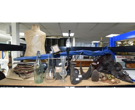 Collection of items, two include two shoe makers irons, a wall bracket with eagle support, various records and music rolls, a