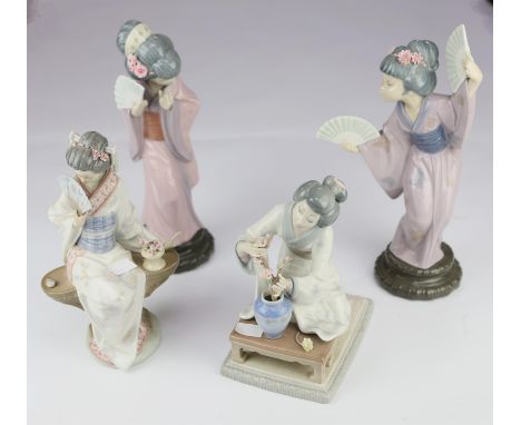 Lladro, two Geisha ladies, with fans, on stepped socles, together with two other Oriental figures in various attitudes, the t