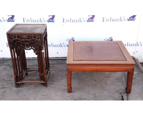 A Chinese nest of four rosewood occasional tables,1900s, with panelled tops and pierced aprons, H 73, W 40cm, together with a