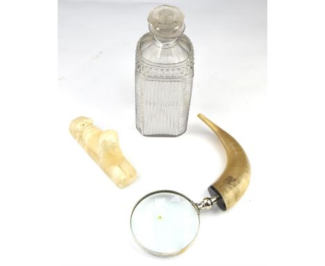 Glass decanter and stopper, 19th Century, decorated with cutting, 23cm high, together with a magnifying glass, with horn hand