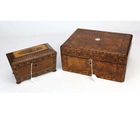 A Victorian Tunbridgeware rosewood tea caddy, mosaic work decorated, interior twin lidded, H 13cm, W 21cm, together with a Vi