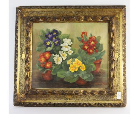 Doreen Wilcock (20th century), Still life of primula, oil on board, signed lower right, 35 x 41cm. FramedCondition Report:  M