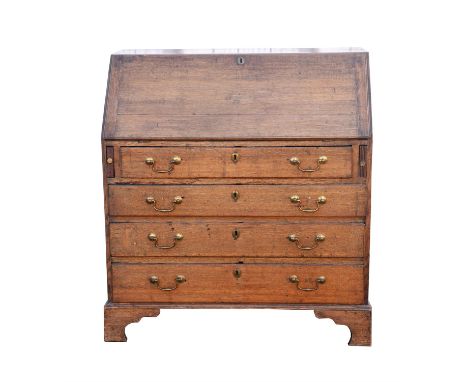 George III oak bureau, the fall front revealing fitted interior above four long drawers, on bracket feet, H101 x W93 x D49cms