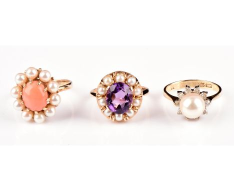 Three gem set rings, including a amethyst and pearl cluster ring in 9 ct, size L½, a pearl and diamond cluster ring in 14 ct,