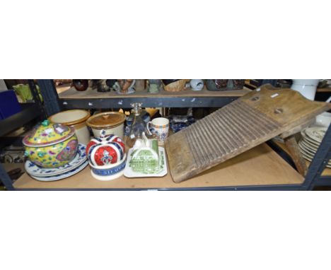 A mangle board, 19th century, on turned supports, 61 x 33cm, together with a mixed lot of kitchenalia to comprise, a bell, a 