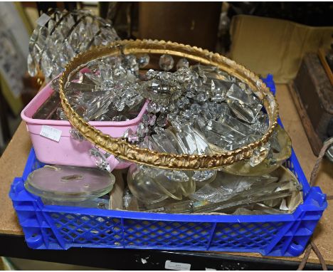 A brass and glass basket light, 32cm diameter, together with a  collection of lustres and other glass (Qty)