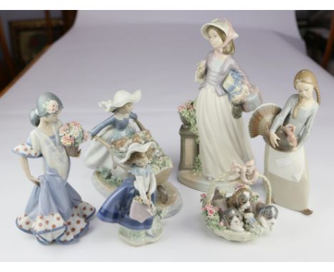 Lladro, a group of four figures of girls with flower basket's, with various animals, also a Nadal figure of a girl with a gif