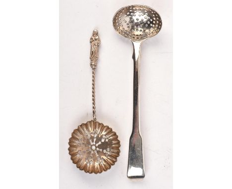 Georgian silver sifter ladle spoon. London, 1807 and an Apostle silver softer caddy spoon. Birmingham, 1897. 