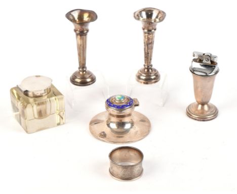 Silver and enamel inkwell, another with silver top, a silver bodied table lighter and other pieces of silver. Condition Repor