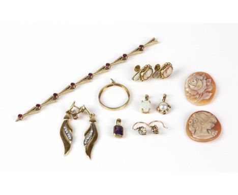 A mixed group of 9 ct items, including three pairs of earrings, one set with cameos, one set with diamonds, and another set w