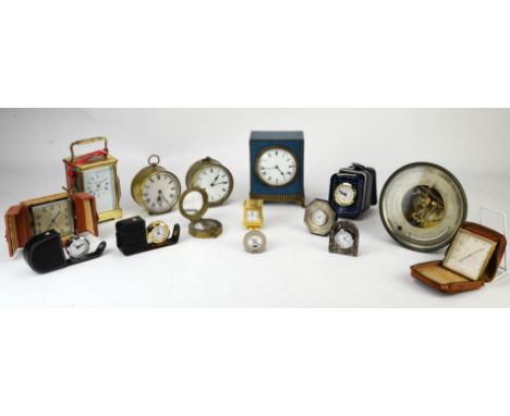 Angelus art deco travel clock encased together with two brass cased alarm clocks, a L'eppe brass carriage clock, barometer, p