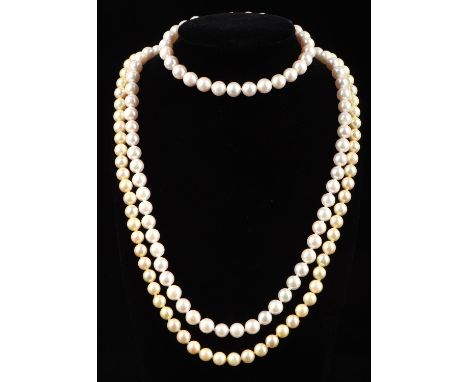 A pearl necklace, with cream pearls measuring approximately 5.75mm, with a 14 ct pearl clasp, together with a pearl necklace,