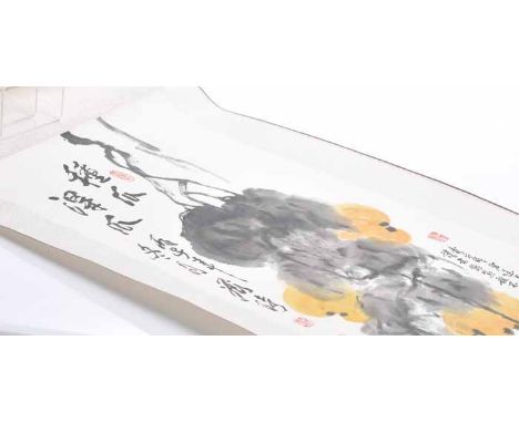 CHINESE HANGING SCROLL 
painted with chicks and florals, with script and seal stamped, 164cm x 45cm overall