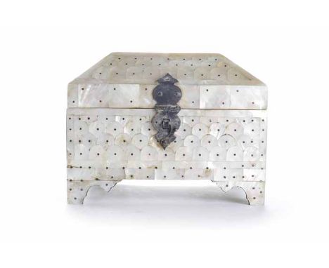 LATE 19TH CENTURY INDIAN MOTHER OF PEARL PIN WORK CASKET
with squared domed lid and on four raised feet, 17cm wide, 14cm high