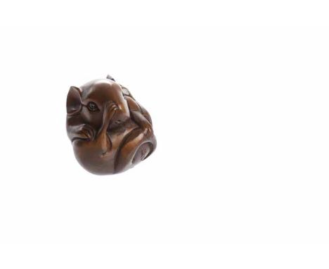 20TH CENTURY JAPANESE WOOD NETSUKE OF A MOUSE
possibly late Meiji period, modelled curled into a ball holding its tail and no