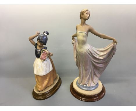 A Lladro dancer and Nao girl with flowers in basket, both mounted on wood.