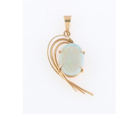 An opal pendant, set with an oval opal cabochon, measuring approx. 10x14mm, with surrounding open metal work design, stamped 