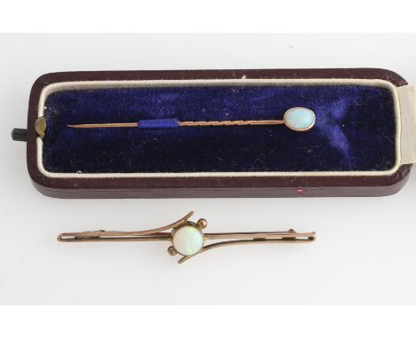 An opal stick pin, unmarked, together with an opal bar brooch, stamped 9ct, (2).