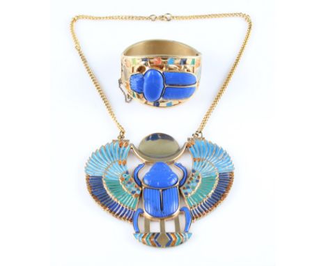 A Thomas Fattorini Ltd. Egyptian scarab beetle necklet and bangle, (A/F one section to bangle beetle body detached).