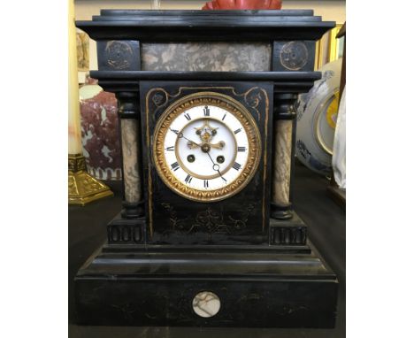 A slate mantel clock with marble classical temple style detail. Height 37.5cm.