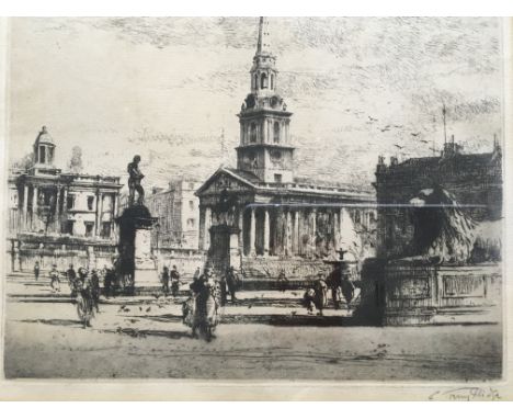 Two framed etchings, one indistinctly signed in pencil etching, Trafalgar square, 21.5cm x 25cm, with one, Forest with dog, 2