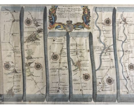 Three framed maps depicting the road from Chester to Cardiff, London to Montgomery and Bristol to Worcester.