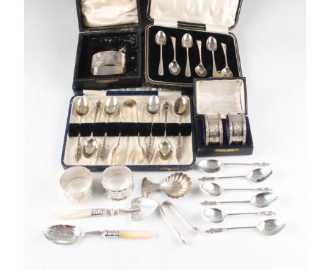 A collection of hallmarked silverware, to include a boxed set of coffee spoons and sugar tongs, a boxed set of coffee spoons,