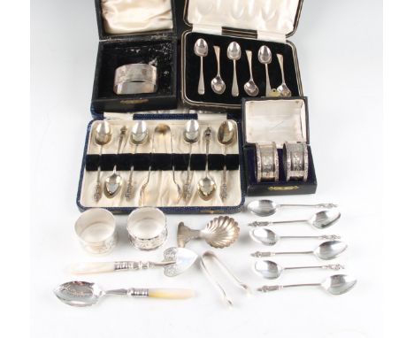 A collection of hallmarked silverware, to include a boxed set of coffee spoons and sugar tongs, a boxed set of coffee spoons,