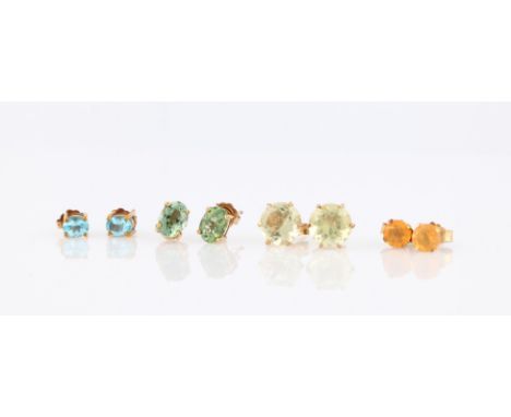 Four pairs of earrings, two of which are hallmarked, gemstones include citrine, fire opal, apatite etc., (4).