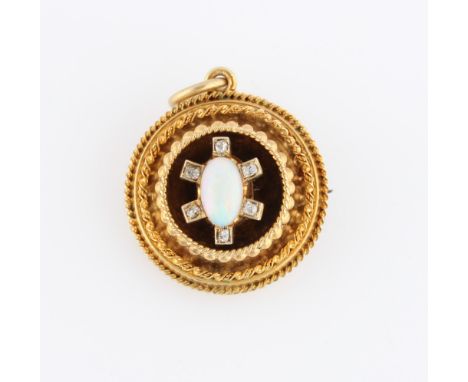 An opal and diamond pendant/brooch, set with an oval opal cabochon, surrounded by six old cut diamonds, in circular Etruscan 