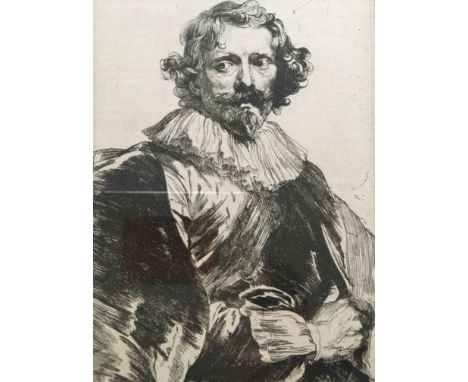 Framed etching, dated 1878, Portrait of Lucas Vosterman by Van Dyke, 22cm x 15cm.