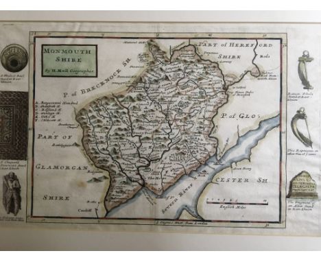 Three framed etching maps, one by H. Moll depicting Monmouthshire, and one a plan of Caerleon.