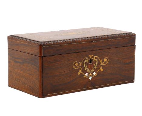 A Regency rosewood, brass and mother of pearl inlaid tea caddy,early to mid-19th century, top with a ripple moulded edge, wit