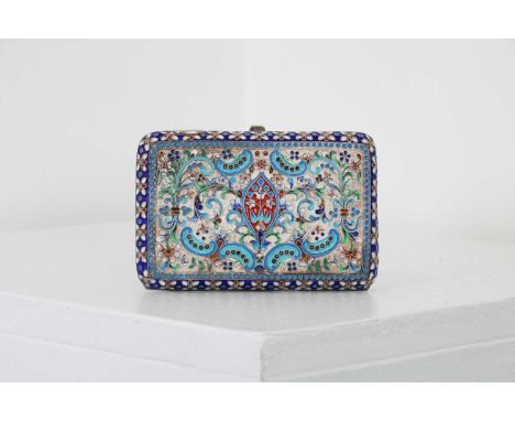 A silver and cloisonné cigarette case,late 19th to early 20th century, in the Russian taste, of rectangular form with rounded