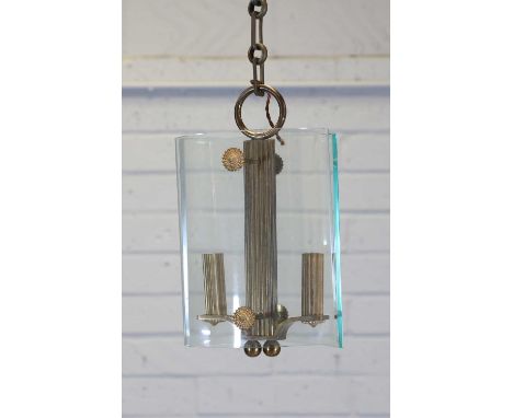 An Italian Stilnovo hanging light,1950s, mounted with two curved glass panels, with a gilt reeded column with two lights, mou